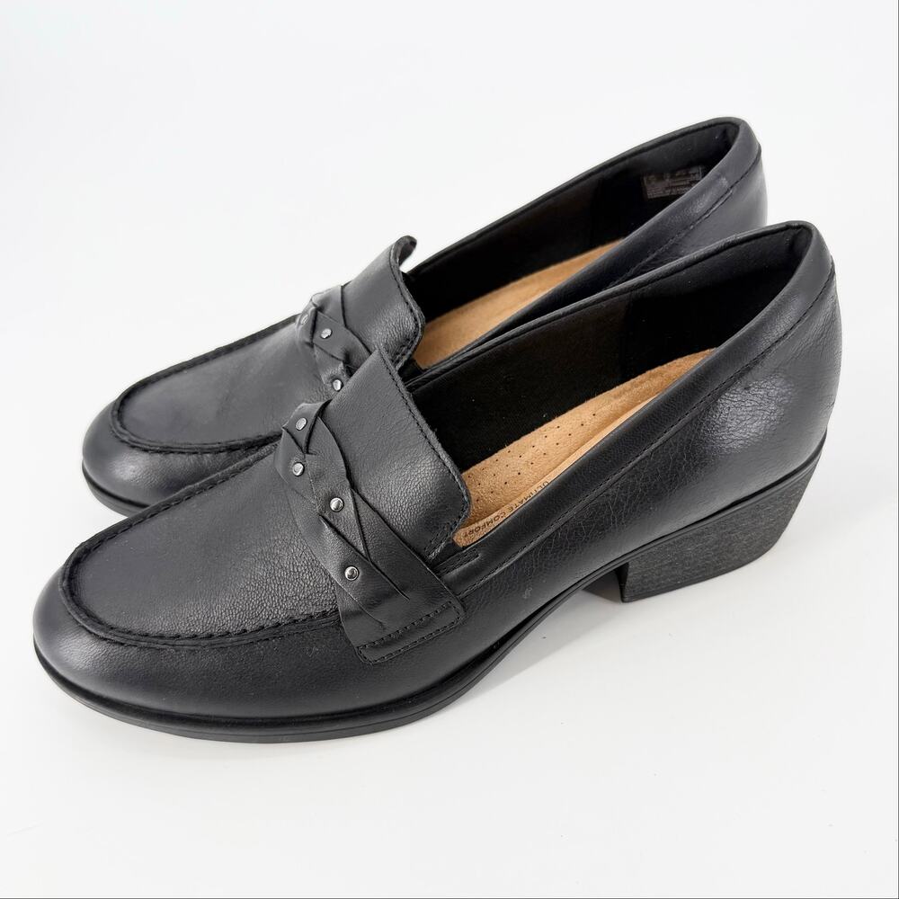 Clarks Black Leather Loafers Comfort Low Heel Slip On Shoes Women’s 10